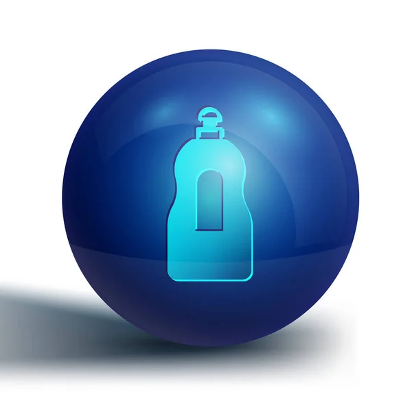 Icono de la botella de líquido lavavajillas azul aislado sobre fondo blanco. Detergente líquido para lavar platos. Botón círculo azul. Vector — Archivo Imágenes Vectoriales