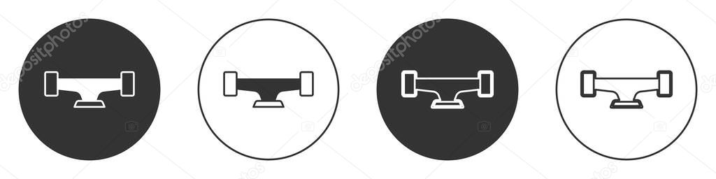 Black Skateboard wheel icon isolated on white background. Skateboard suspension. Skate wheel. Circle button. Vector