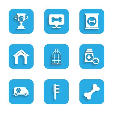 Kuşlar için kafes, evcil hayvan şişesi, köpek kemiği, yiyecek çantası, veteriner ambulansı, ev, konserve ve ödül ikonu. Vektör