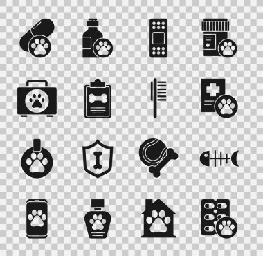 Köpek ilacı, balık iskeleti, klinik kayıt evcil hayvanı, yara bandı, evcil hayvan ilk yardım çantası, ve evcil hayvan şişesi tıbbi ikonu. Vektör