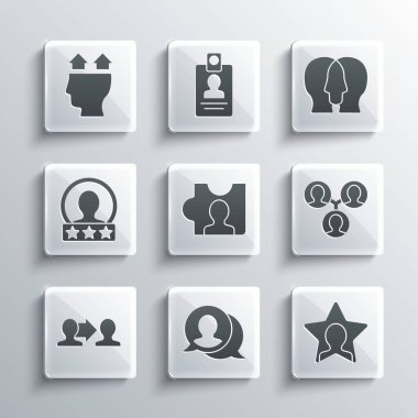 Konuşma baloncuğu sohbetini, kafa avcılığını, proje ekip tabanını, hesap ekranı yaratmayı, insan ve simge kullanıcısını ayarla. Vektör