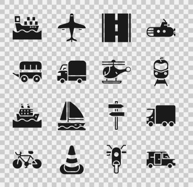 Minibus, kargo kamyonu, tren ve tren yolu, yol, Vahşi Batı vagonu, kutulu kargo gemisi ve helikopter ikonu. Vektör