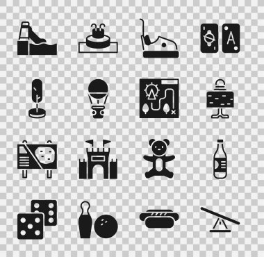 Tahterevalli, bir şişe su, sihirli top, çarpışan araba, sıcak hava balonu, ağaç, su kaydırağı ve lunapark haritası ikonu. Vektör