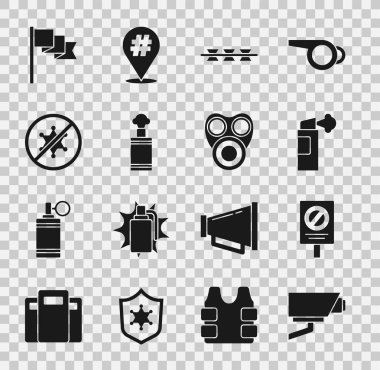 Güvenlik kamerası, protesto, biber gazı, dikenli tel, el bombası, yer belirleyici ve gaz maskesi ikonu hazırlayın. Vektör