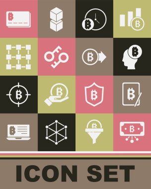 Bitcoin 'i devre, madencilik bitcoin' ini tablet, düşünme, saat, kripto para anahtarı, engelleme zinciri teknolojisi, kredi kartı ve simgeden ayarla. Vektör