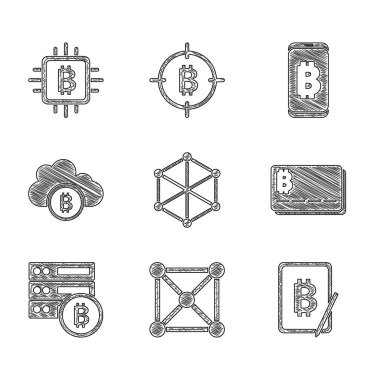 Blockchain teknolojisini ayarla, tabletten madencilik bitcoin, kredi kartı, sunucu, kripto para birimi bulut madenciliği, mobil ve CPU çiftlik ikonu. Vektör
