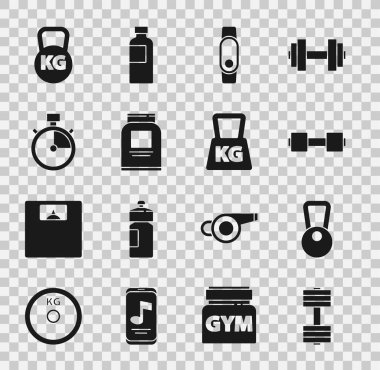 Set Dumbbell, Kettlebell, Smartwatch, Sports Suprition, Stopwatch ve Weight ikonu. Vektör