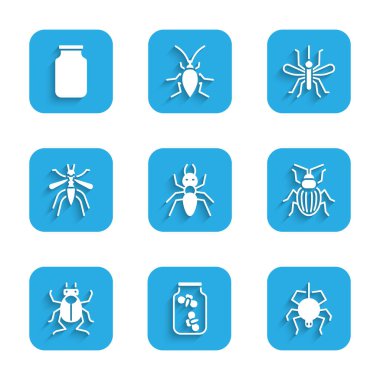 Karınca, Ateş Böceği, Örümcek, Böcek, Böcek, Sivrisinek ve Cam ikonu kavanoza koyun. Vektör