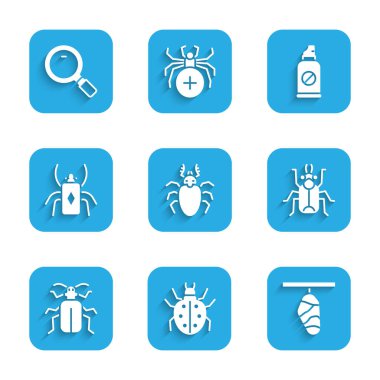 Böcek geyiği, Mite, Kelebek kozası, böcek, Chafer böceği, böceklere ve büyüteç ikonuna karşı sprey sıkın. Vektör