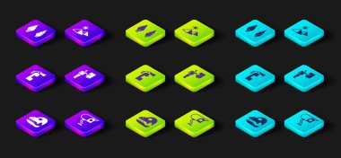 Dinazor kafatası, güvenlik kamerası, yangın söndürücü, müze rehberi, Mısır piramitleri ve taş devri ok başı ikonu. Vektör