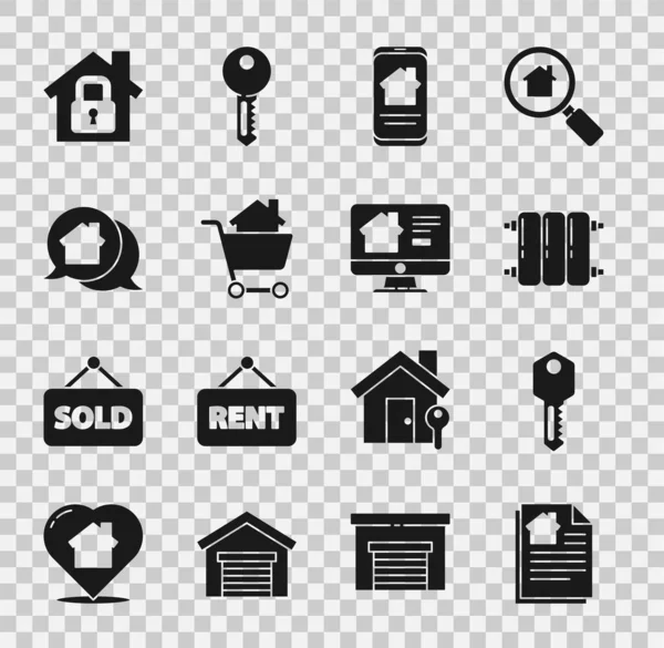 Set Contrato de la casa, llave, radiador de calefacción, casa de bienes raíces en línea, carrito de la compra con, mensaje real, bajo protección e icono. Vector — Vector de stock