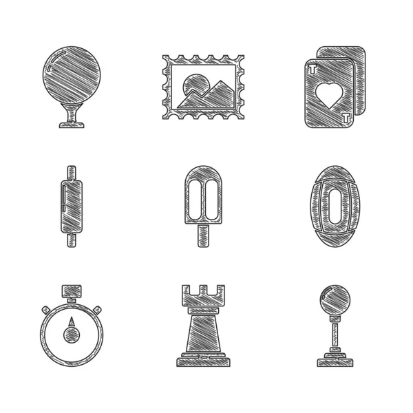 Set Helado, Estrategia de negocios, Joystick para máquina arcade, balón de fútbol americano, cronómetro, rodillo, naipes y golf en el icono de la camiseta. Vector — Vector de stock