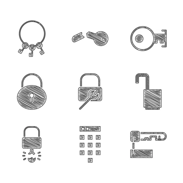 Set Lock repair, Password protection, Marked key, Open lock, Key broken inside, and Bunch keys icon. Вектор — стоковый вектор