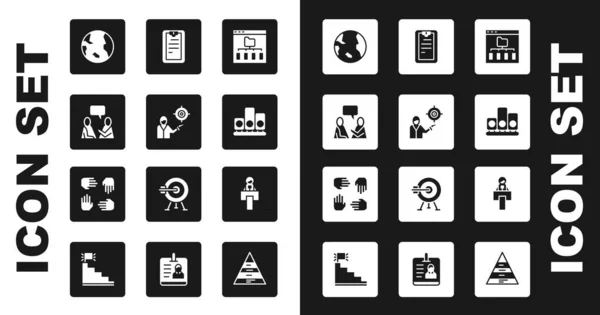 Définir les fichiers du navigateur, stratégie de la cible marketing, deux hommes assis parlant, globe terrestre, étoile de classement, presse-papiers avec liste de contrôle, tribune ou tribune et icône de base de l'équipe de projet. Vecteur — Image vectorielle