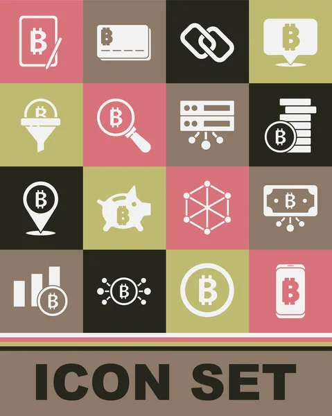 Set Mining Bitcoin von mobilen, Bitcoin mit Schaltung, Kettenglieder, Lupe, Verkaufstrichter, Tablet und Server-Symbol. Vektor — Stockvektor