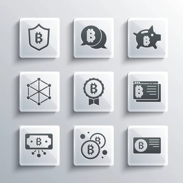 Set Bitcoin, Kreditkarte mit Bitcoin, Browser, Schaltung, Blockchain-Technologie, Schild und Sparschwein-Symbol. Vektor — Stockvektor