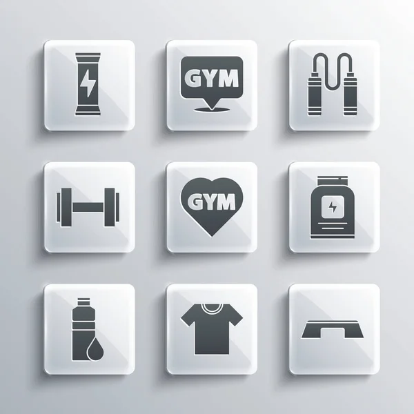 Conjunto de camiseta, plataforma Step, nutrición deportiva, gimnasio de fitness corazón, agitador, mancuerna, y saltar icono de la cuerda. Vector — Archivo Imágenes Vectoriales