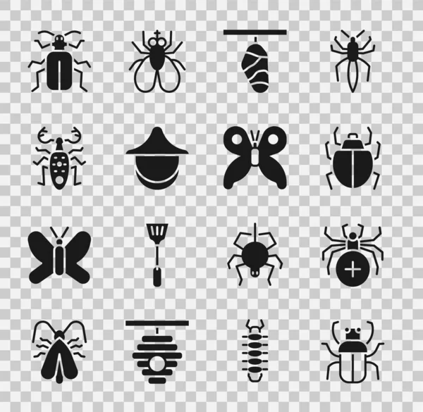 Set bug puant, araignée, acarien, cocon papillon, chapeau d'apiculteur, cerf de coléoptère, scarabée et icône. Vecteur — Image vectorielle