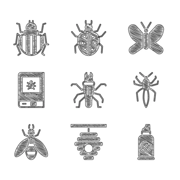 Set de Termitas, Colmena para abejas, Pulverizar contra insectos, Araña, Abeja, Libro sobre, Mariposa y Colorado escarabajo icono. Vector — Vector de stock