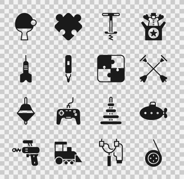 Set Yoyo speelgoed, Onderzeeër, Pijl met zuigertip, Pogo stick springen, Marker pen, Dart pijl, Racket en bal en Puzzelstukjes pictogram. Vector — Stockvector