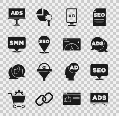 Reklamcılığı, SEO optimizasyonunu, sosyal medya pazarlamasını ve web sitesi istatistik simgesini ayarla. Vektör