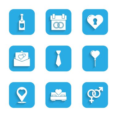 Kravat, Yatak odası, cinsiyet, balon, kalp şeklinde konum, tebrik kartı, kalp deliği ve şampanya şişesi ikonu. Vektör