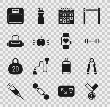 Madalya, spor açıcı, Barbell, takvim fitness, Apple, bag, banyo terazisi ve akıllı saat simgesi. Vektör