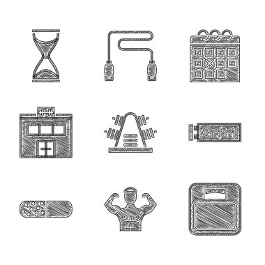 Ağırlıklı metal raflar, vücut geliştirme kası, banyo terazisi, spor salonu, vitamin hapı, spor salonu, spor salonu, takvim fitness ve eski kum saati ikonu. Vektör