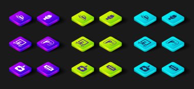 Parfüm, jilet, lavabo aynası, duş, klozet ve elektrikli ütü ikonunu hazırla. Vektör