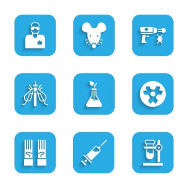 Bitki yetiştiriciliğini, şırıngayı, deney tüpünü, biyolojik tehlike sembolünü, tıbbi lastik eldivenleri, deneysel böcekleri, sıvı tabancayı ve laboratuvar asistanı ikonunu hazır edin. Vektör