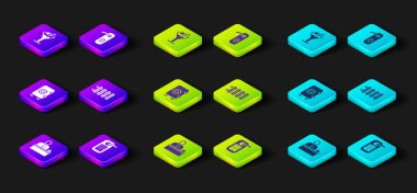 Otel resepsiyon masası, dijital kapı kilidi, kasa, ısıtma radyatörü, kapı kolu ve martini cam ikonu. Vektör