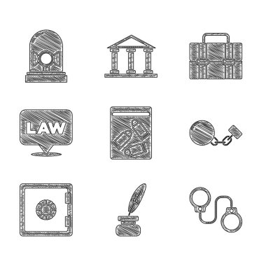 Kanıt torbasını ve mermiyi hazırla, tüy mürekkebi, kelepçe, zincirli top, kasa, konum kanunu, evrak çantası ve Flasher siren ikonu. Vektör