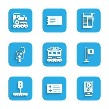 Restoran treni, trafik levhası, danışma standı, kafe restoranı konumu, tren ışığı, acil durum freni, News and Vintage lokomotif ikonu. Vektör