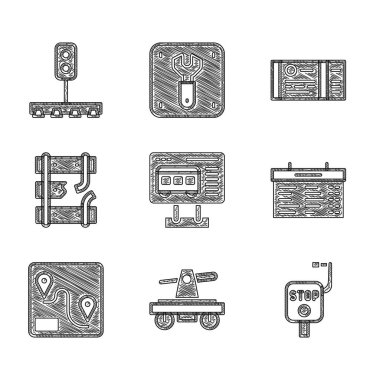 Bilet gişesini bilet, Draisine veya el arabası, acil durum freni, tren istasyonu panosu, güzergah konumu, kırık raylı tren yolu ve trafik ışığı ikonu satın alacak şekilde ayarlayın. Vektör