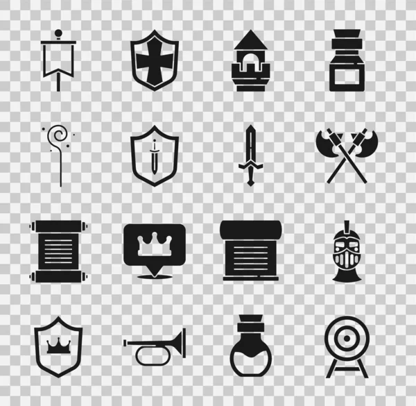 Set Objetivo con flecha, casco de hierro medieval, hachas medievales cruzadas, torre del castillo, espada escudo, bastón mágico, bandera e icono. Vector — Vector de stock