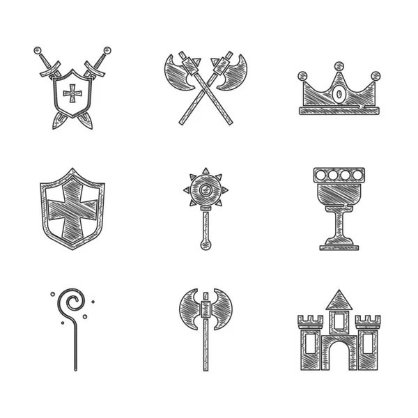 Набор средневековых цепи булавы мяч, топор, замок, крепость, кубок, волшебный посох, щит, корона короля и щит с мечами значок. Вектор — стоковый вектор