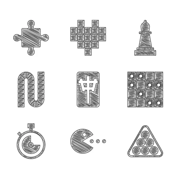 Stel Mahjong stukken, Pacman met eten, Biljartballen in driehoek, bordspel van checkers, Stopwatch, Schaken en Puzzel speelgoed icoon. Vector — Stockvector