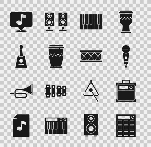 Set Drum machine, Guitar amplifier, Microphone, Grand piano, Balalaika, Musical note and icon. Vector — Stock Vector
