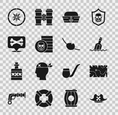 Korsan şapkası, hazine haritası, içinde su, denizci, para, yer korsanı, pusula ve göz bandı simgesi olan bir şişe. Vektör