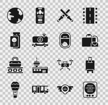 Tavır göstergesi, bavul, marshalling asaları, yakıt tankeri, bileti olan pasaport, dünya çapında ve uçak pencere simgesi. Vektör