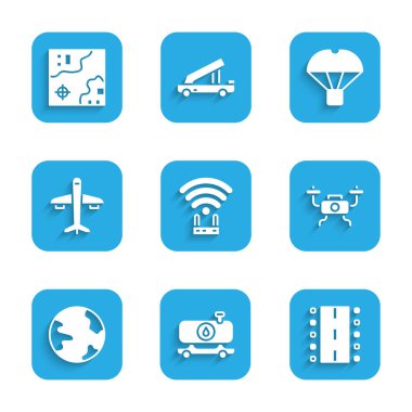Router ve wi-fi sinyali, yakıt tankeri, havaalanı pisti, İHA uçuşu, dünya çapında, uçak, paraşüt ve seyahat haritası ikonu ayarlayın. Vektör