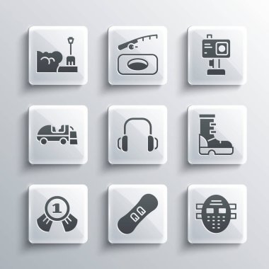 Snowboard, Hokey maskesi, su geçirmez botlar, kış kulaklıkları, madalyalar, buz yüzeyi, kar yığınları ve kamera ikonu. Vektör