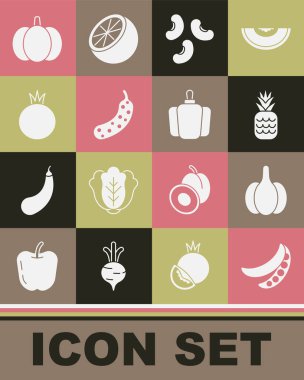 Yeşil bezelye, sarımsak, ananas, fasulye, taze salatalık, domates, balkabağı ve çan biberi ikonu. Vektör