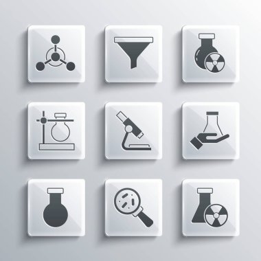 Mikroorganizmaları büyüteç, test tüpü radyasyonu, matara, mikroskop, stand, molekül ve simge altına alın. Vektör