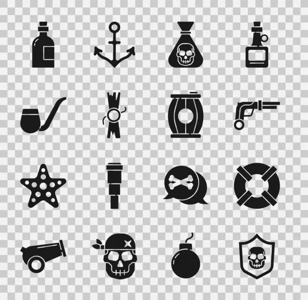 Shield 를 해적 두개골 , Lifebuoy, Vintage pistols, Pirate coin, Decree, paried, scroll, smoke pipe, Alcohol drink Rum and Gun powder barrel icon 로 설정 한다. Vector — 스톡 벡터