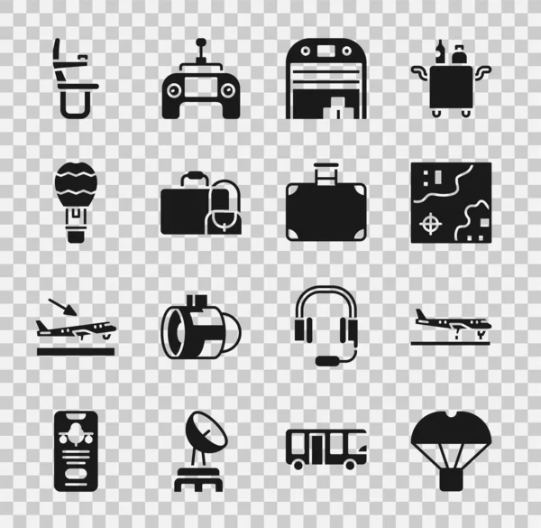Set Box létání na padáku, Letadlo, Světová cestovní mapa, Letecký hangár, Kufr, Horkovzdušný balón, Letadlo sedadlo a ikona. Vektor — Stockový vektor