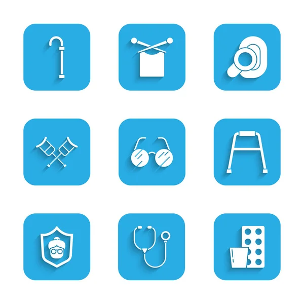 Eyeglasses, Stethoscope, Pills in blister pack, Walker, Grandmother, Crutch or crutches, hear aid and Walking stick cane icon. Vector — 스톡 벡터