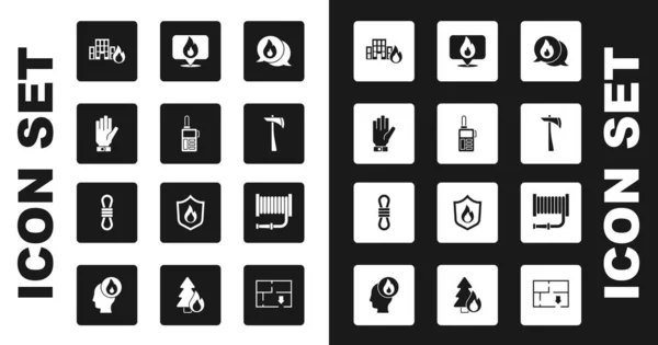 Set Telefoon bellen 911, Walkie talkie, Brandweerhandschoenen, in brandende gebouwen, bijl, Locatie met vuur vlam, slang haspel en Klim touw pictogram. Vector — Stockvector