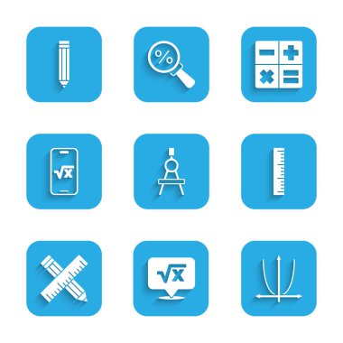 Çizim pusulası, x glifinin kare kökü, Grafik, çizelge, grafik, diyagram, cetvel, çapraz cetvel ve kalem, Hesap Makinesi ve Kalem simgesini ayarla. Vektör