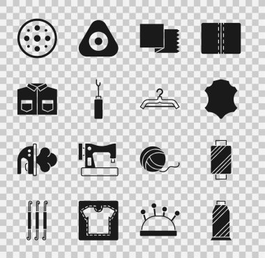 Dikiş ipliğini makaraya, deriye, tekstil kumaş rulosuna, Awl aletine, gömleğe, düğmeye ve elbise askısı ikonuna ayarlayın. Vektör